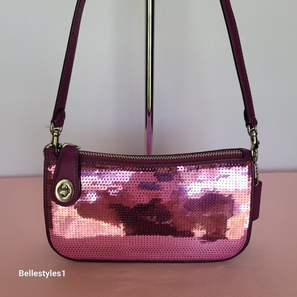 COACH Penn Sequined & Smooth Leather Small Shoulder Bag - Dark Magenta⭐ - Picture 7 of 16